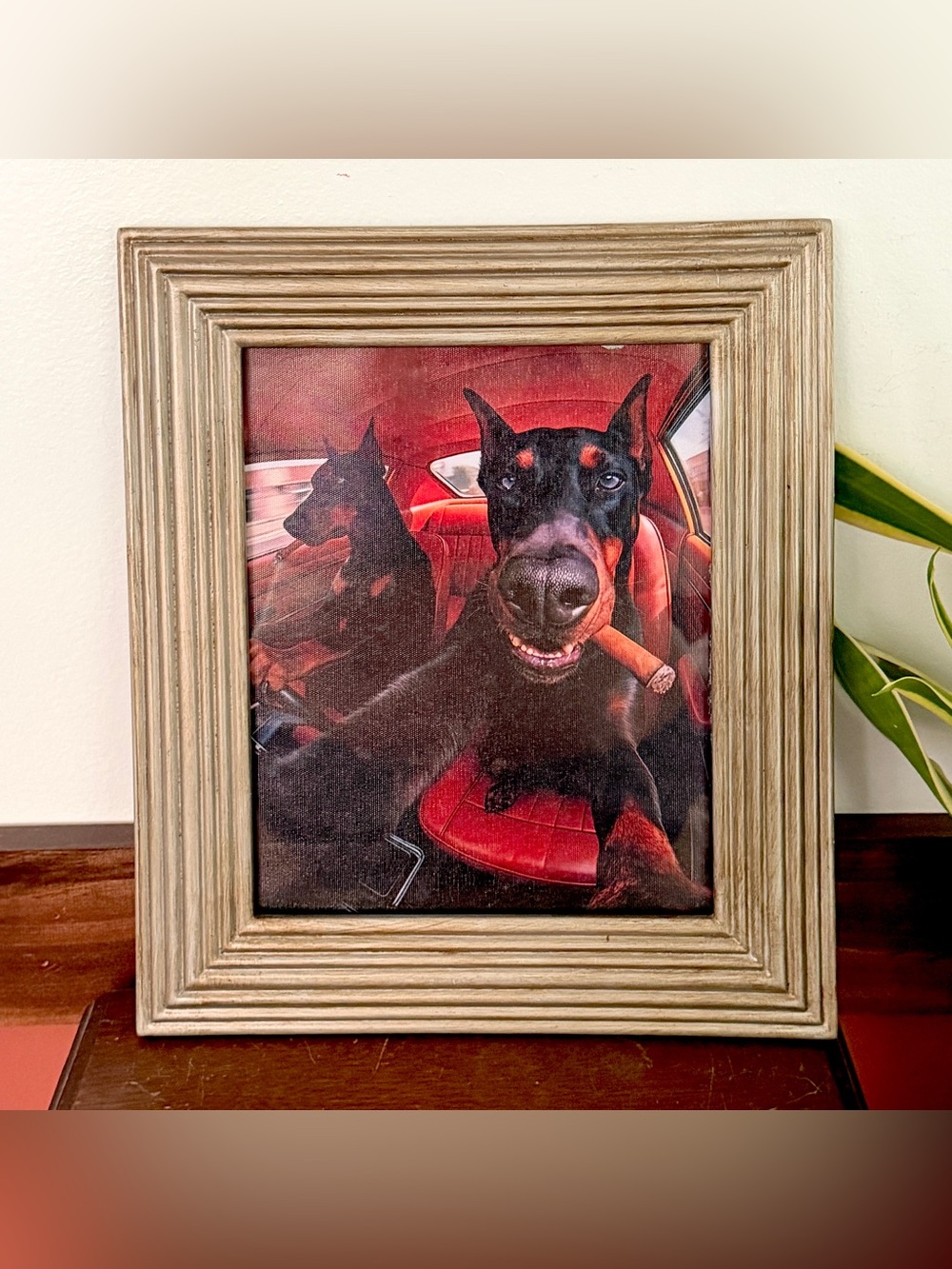 Doberman Dogs Smoking Cigars in a Car Canvas Wall Hang Art Print Heavy Framed